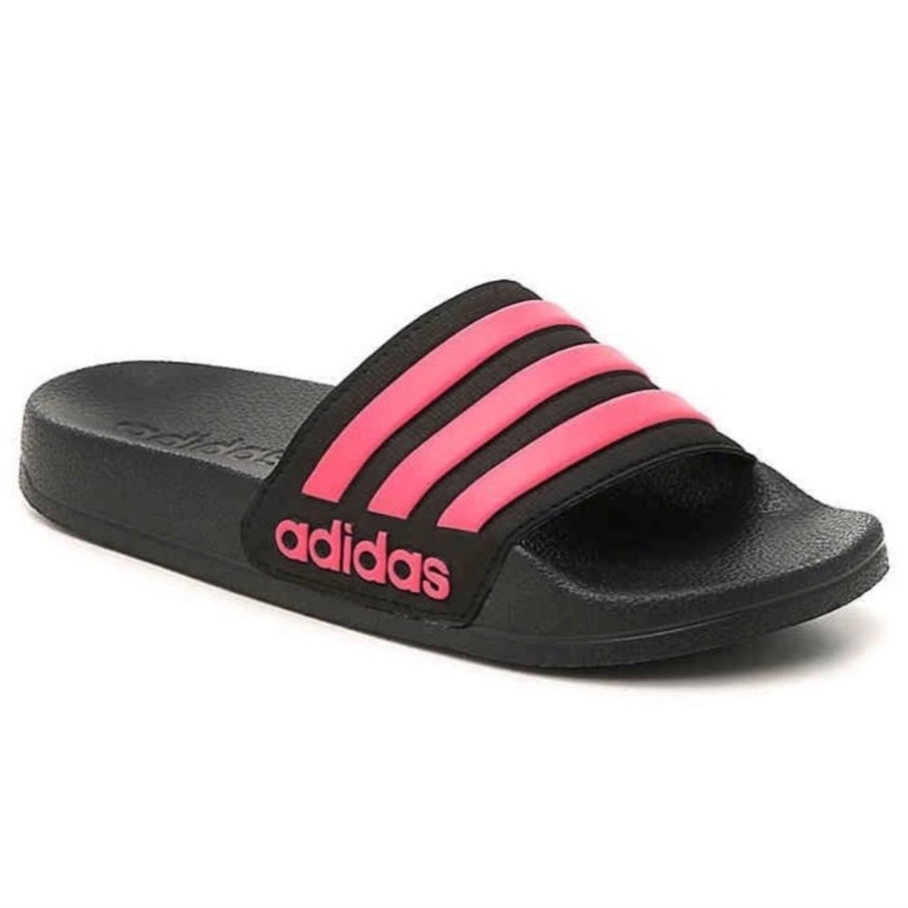 Adidas ADILETTE SHOWER SLIDES Sz 10 Core Black Pink Girls Sandals Worn Once